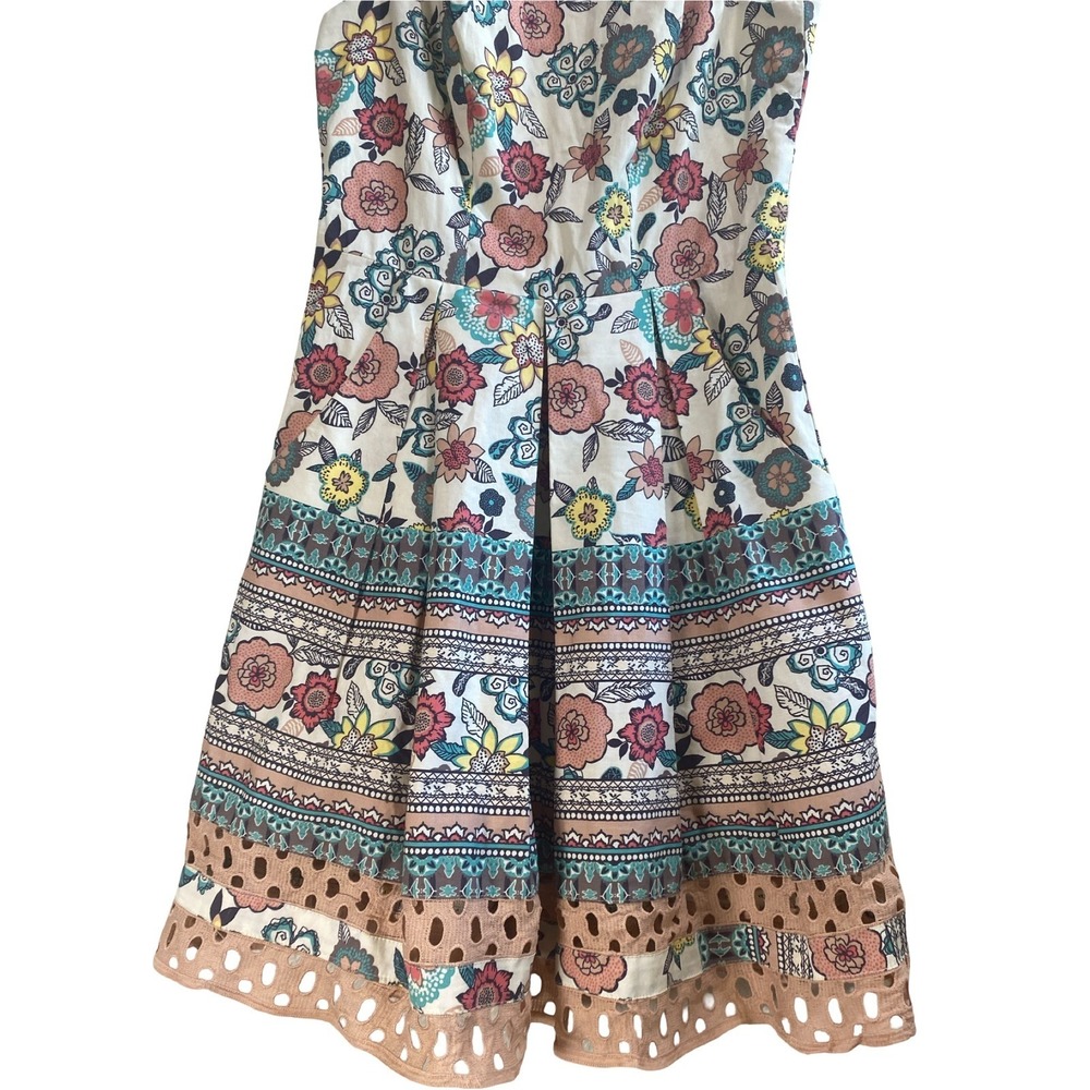 Teezeme Ivory Floral Pleated Mini Dress Size 3/4 Sleeveless Eyelet Pockets Cute‎ - Picture 5 of 13